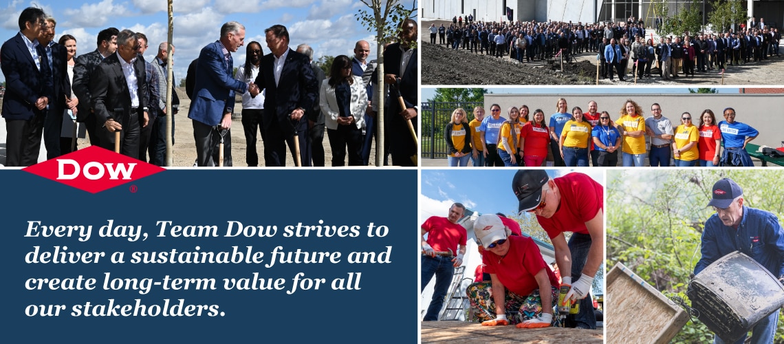 Collage of Dow volunteer events with text that says Every day Team Dow strives to deliver a sustainable future and create long-term value for all our stakeholders