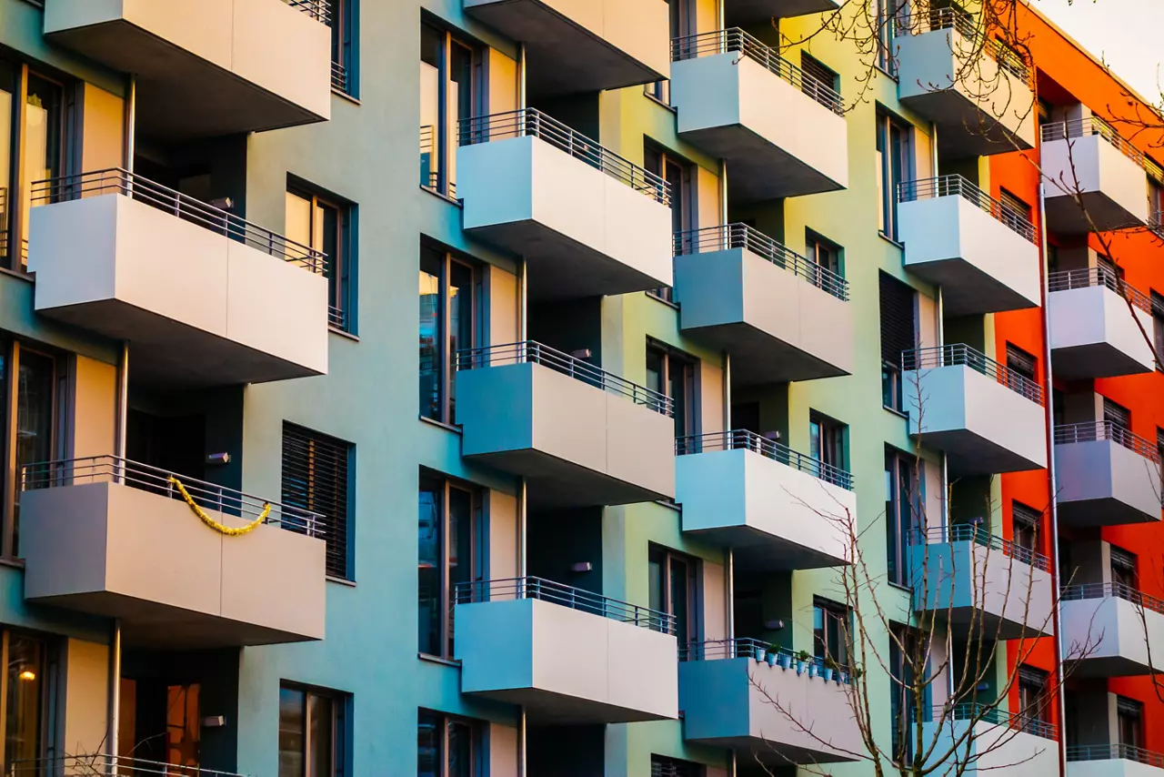 colorful apartment building with block formed balcony