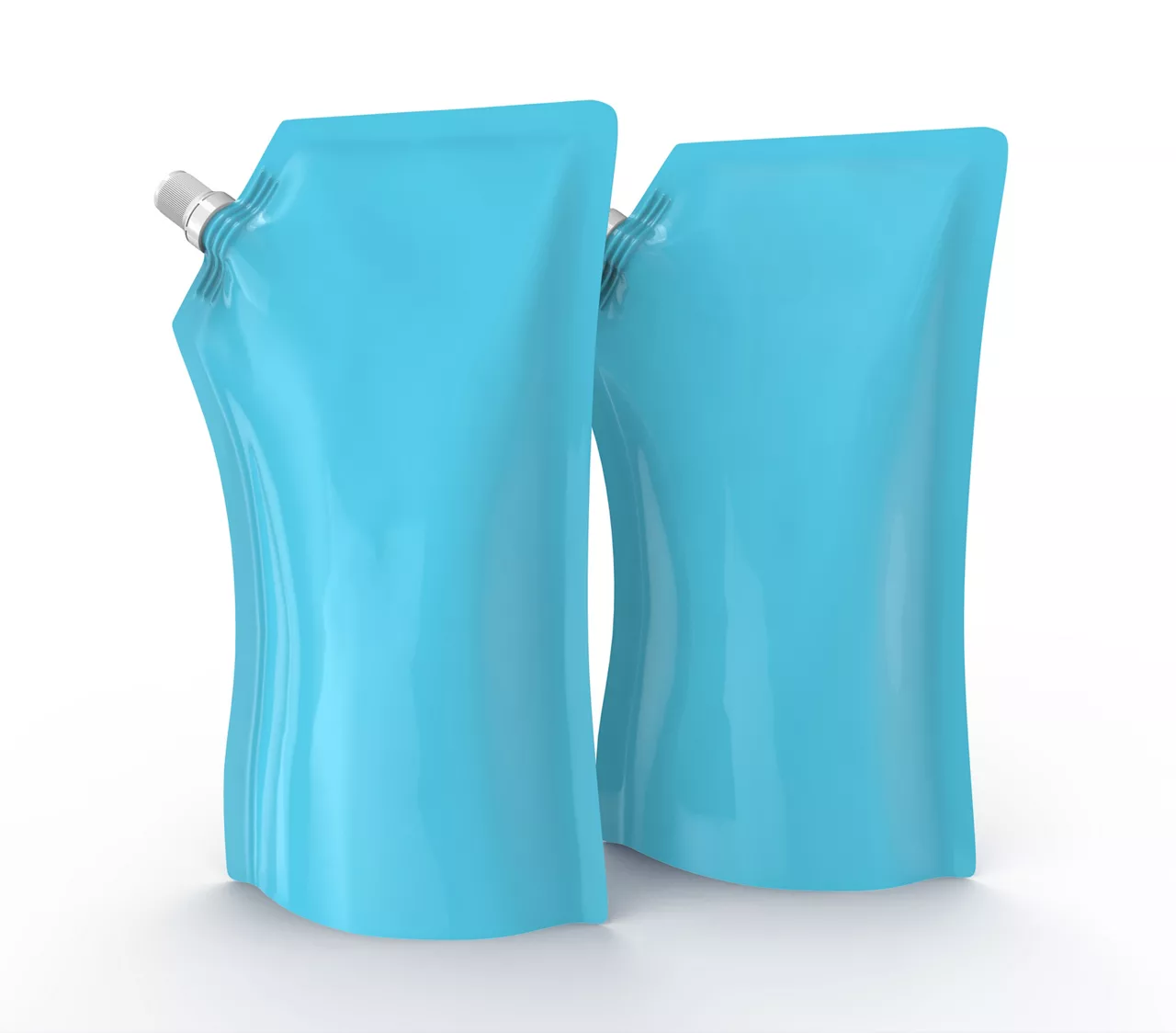 Detergent refill package, 3d render light blue stand-up pouch bag mockup set with cap