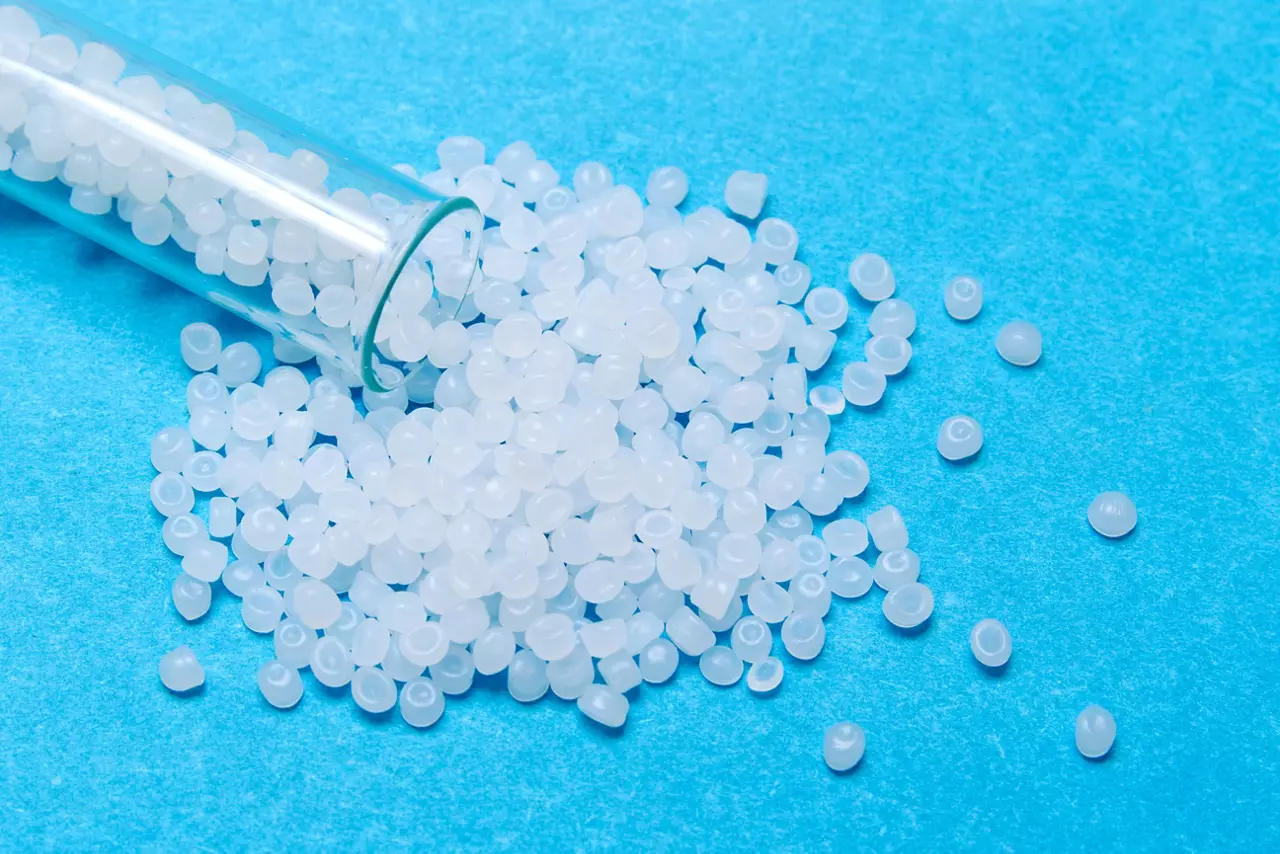 Plastic pellets. Transparent Polyethylene granules. Plastic Raw material. High Density Polyethylene (PE-HD). PE-LD