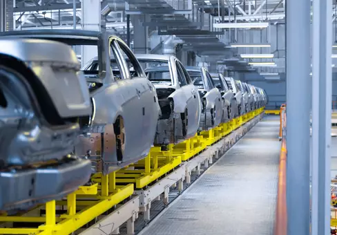 Movement of vehicles along the production line at the plant