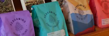 Café Pergamino coffee packaging in a row on a table 