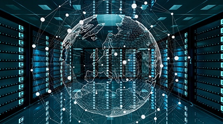 Digitized globe with a server room in the background