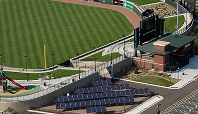 view of Dow Diamond and its lighting from the air