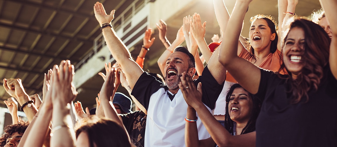 People cheering in the crowd at a stadium