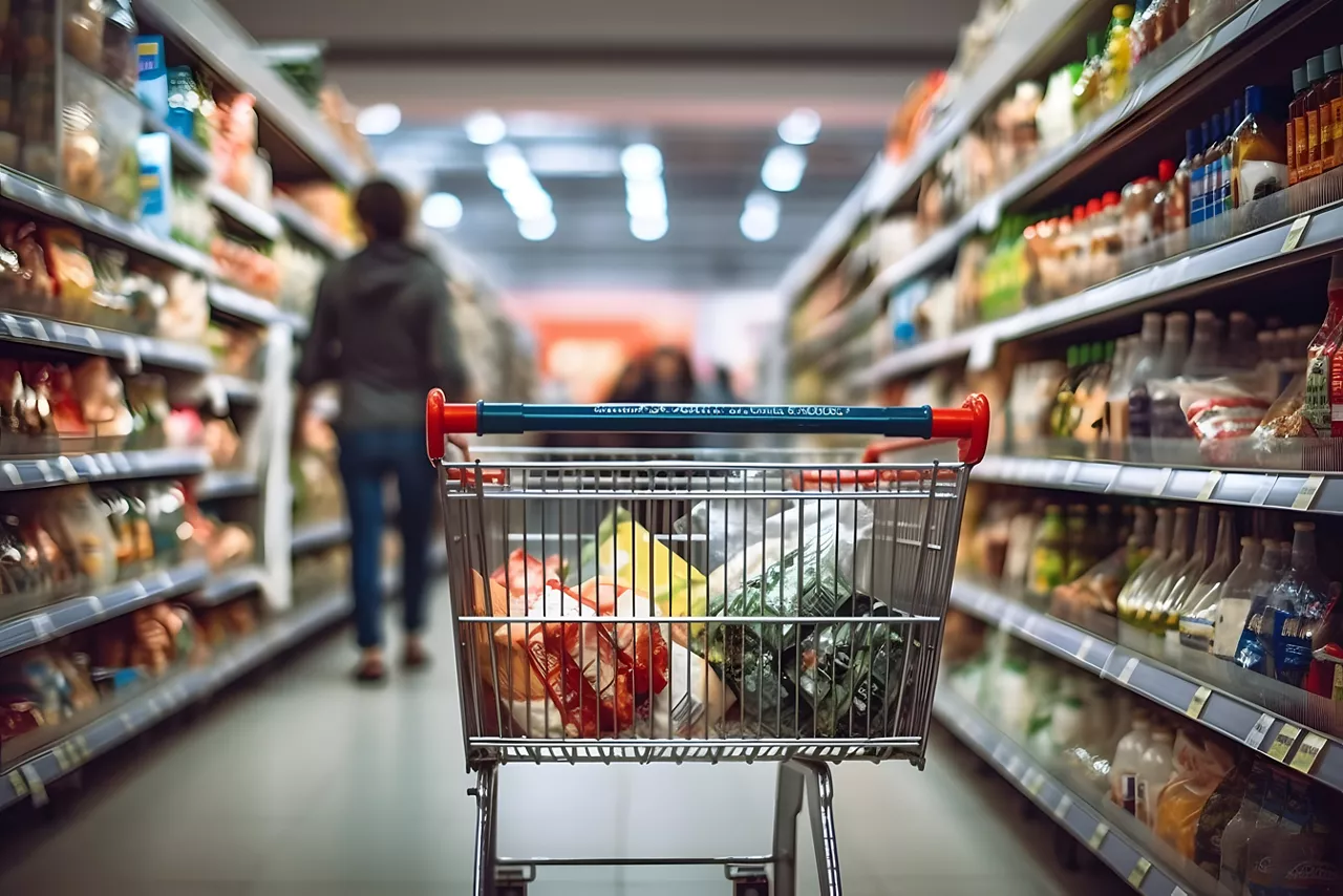 Shopping Cart Filled with Groceries in a supermarket aisle | Generative AI